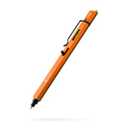 Bright orange pen with black accents and a leveler attached against a white background.