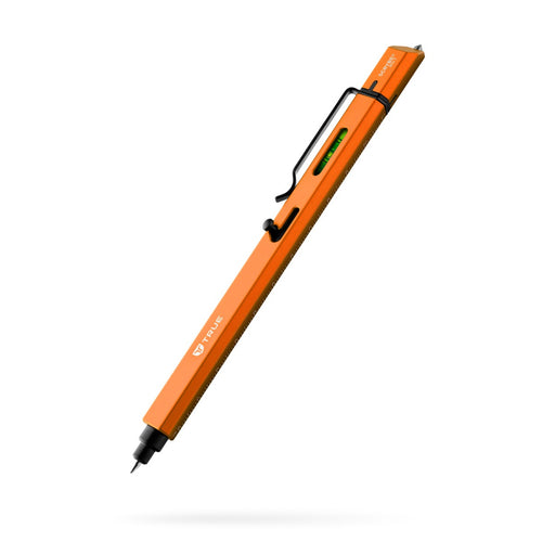 Bright orange pen with black accents and a leveler attached against a white background.