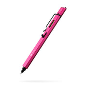 Hot pink colored pen with black accents and a leveler attached against a white background. 