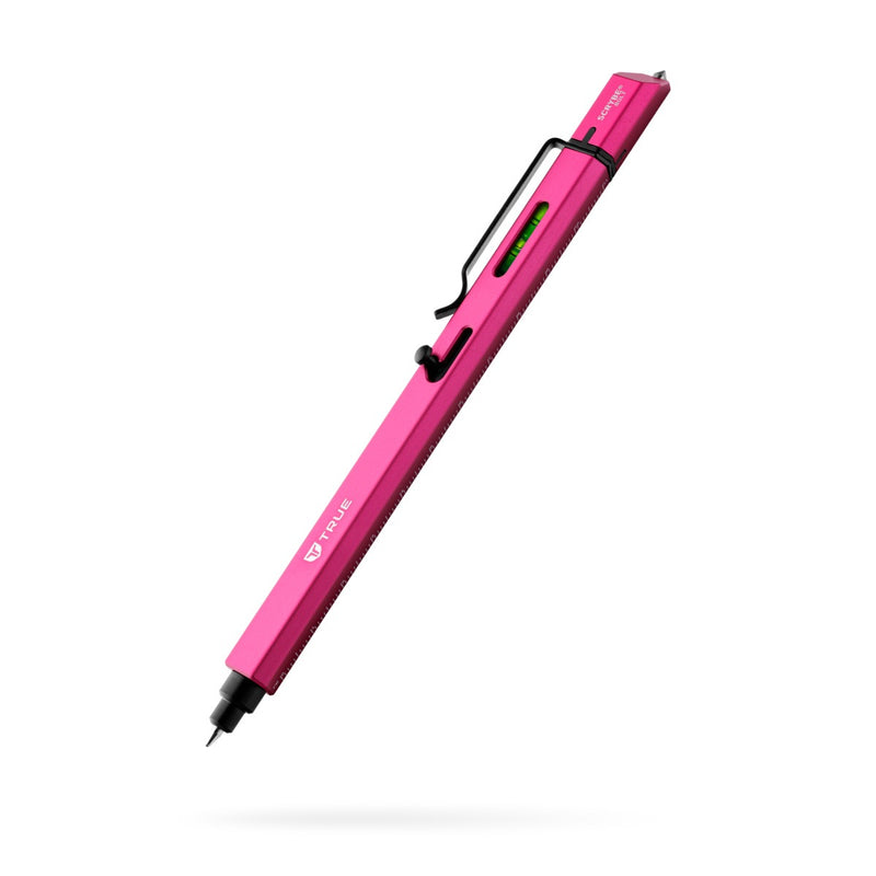 Hot pink colored pen with black accents and a leveler attached against a white background. 