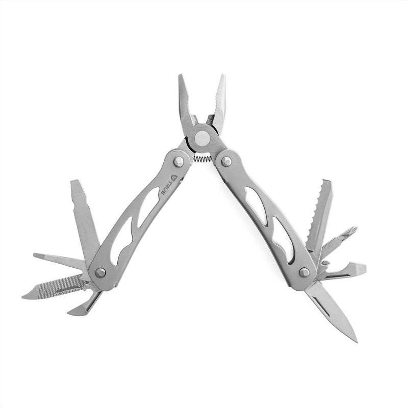Spread open multi-tool featuring a set of pliers, various knife attachments, and a nail filer against a white background. 