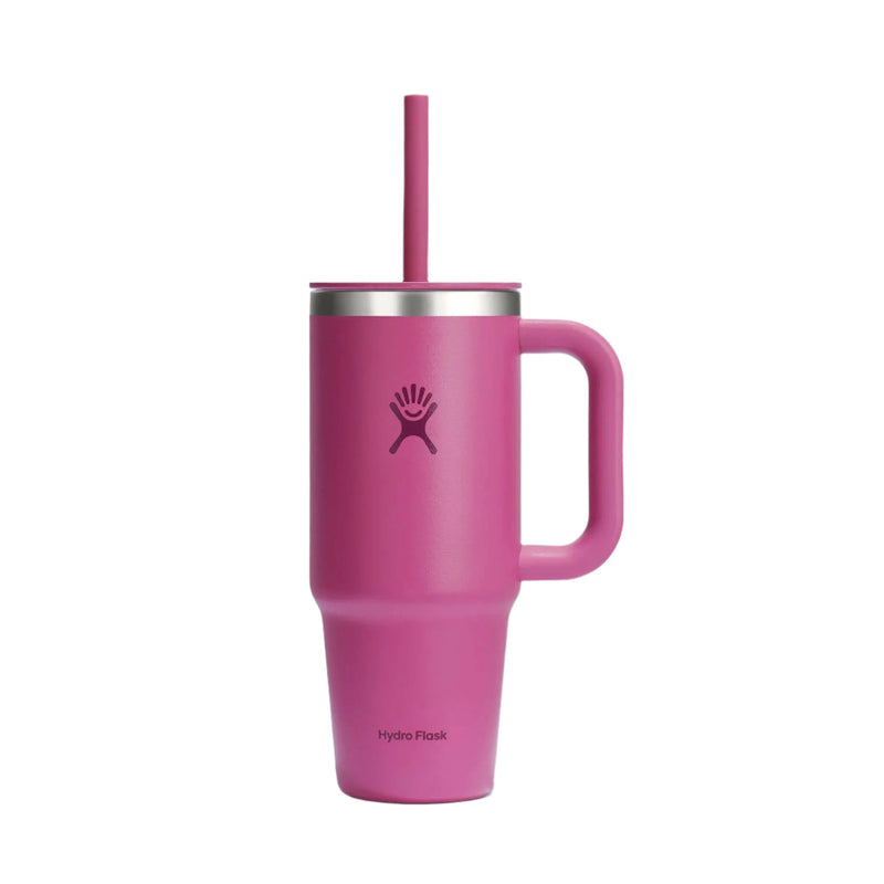 A pink Hydro Flask insulated travel tumbler with a handle, matching pink lid and straw, and a silver metal rim, shown on a plain white background.