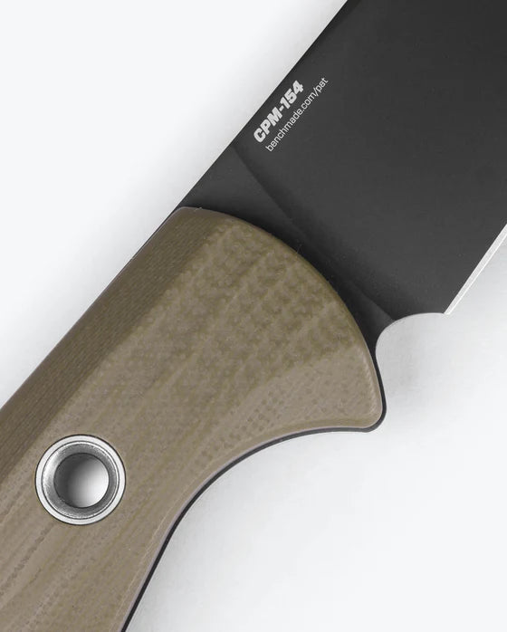 Close-up of a knife with a wooden handle and black blade on a white background