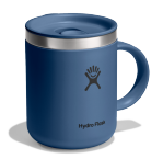 Side view of a small dark blue travel mug with a Hydroflask logo on it on a white background.