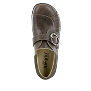 Brown shoe with a strap and Alegria logo on a white background