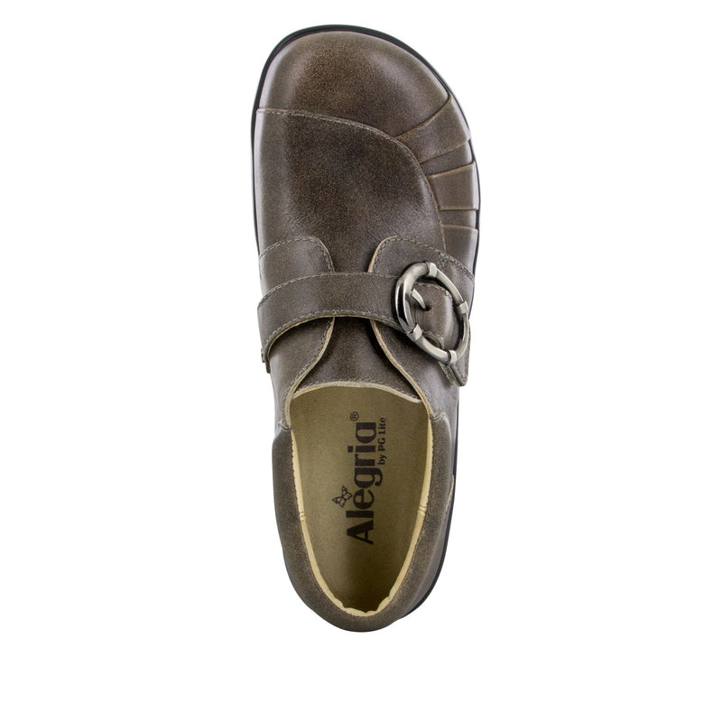 Brown shoe with a strap and Alegria logo on a white background