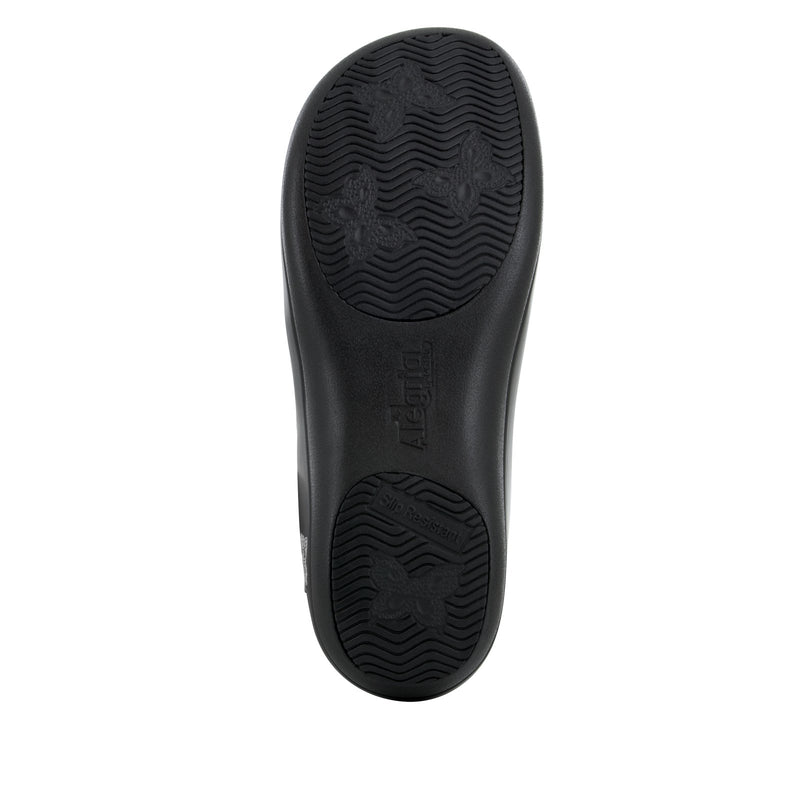 Black shoe sole with brand logo on a white background