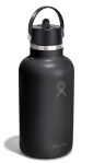 Side view of a black water bottle with a Hydroflask logo on it on a white background.