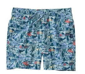 Blue patterned swim trunks on a white background.