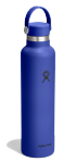 Side view of a blue water bottle with a Hydroflask logo on it on a white background.