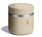 Side view of a tan food jar with a Hydroflask logo on it on a white background.