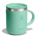 Side view of a green travel mug with a Hydroflask logo on it on a white background.