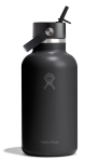 Black water bottle with a Hydroflask logo on it on a white background.