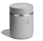 Side view of a light grey water bottle with a Hydroflask logo on it on a white background.