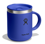 Side view of a blue ravel mug with a Hydroflask logo on it on a white background.