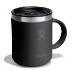 Side view of a small black travel mug with a Hydroflask logo on it on a white background.