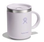 Side view of a light pink travel mug with a Hydroflask logo on it on a white background.