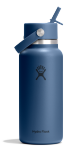 Dark blue water bottle with a Hydroflask logo on it on a white background.