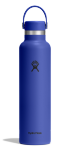 Blue water bottle with a Hydroflask logo on it on a white background.