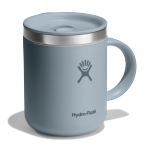 Side view of a small light grey travel mug with a Hydroflask logo on it on a white background.