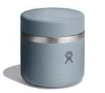 Side view of a light grey water bottle with a Hydroflask logo on it on a white background.