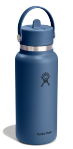 Side view of a dark blue water bottle with a Hydroflask logo on it on a white background.