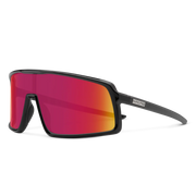 A pair of black glasses with red lenses on a white background