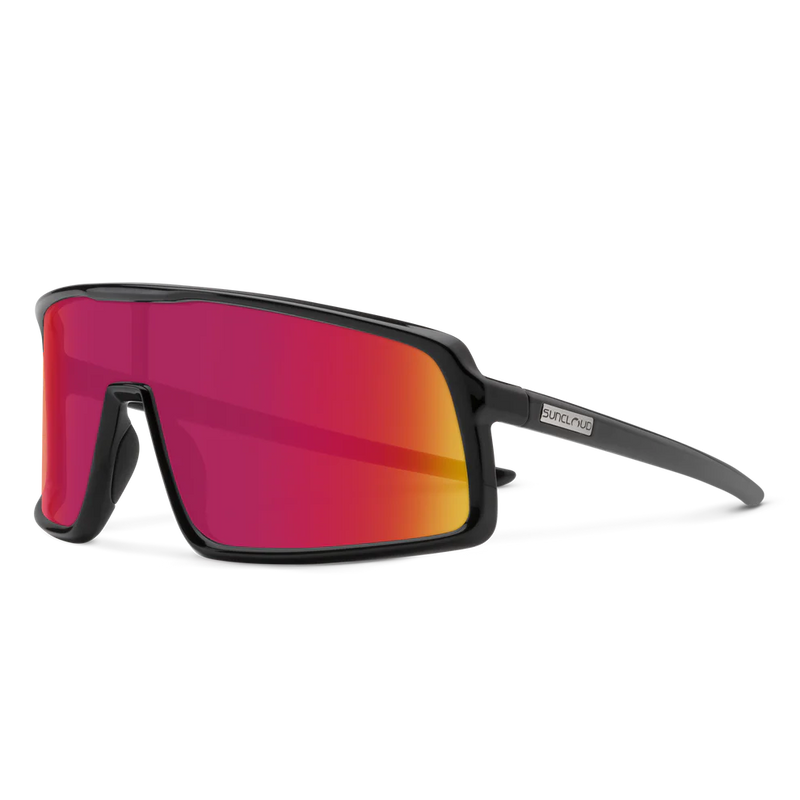 A pair of black glasses with red lenses on a white background
