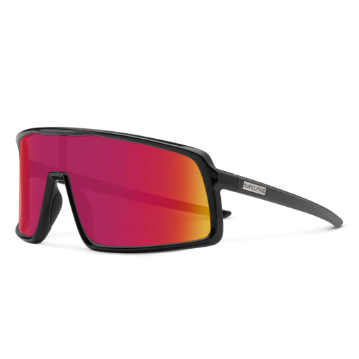 A pair of black glasses with red lenses on a white background