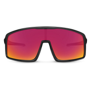 The front of a pair of black glasses with red lenses on a white background