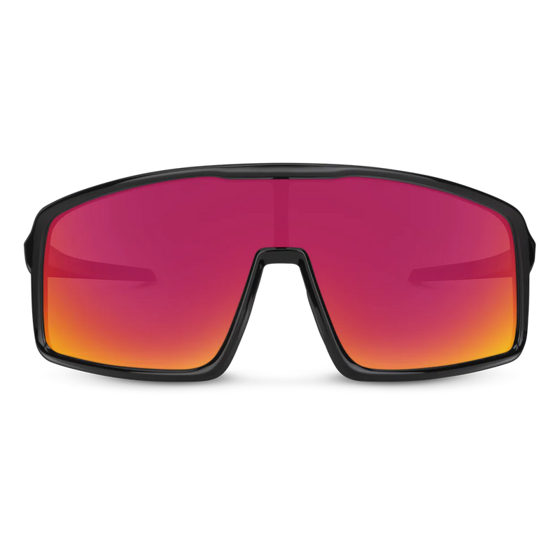 The front of a pair of black glasses with red lenses on a white background