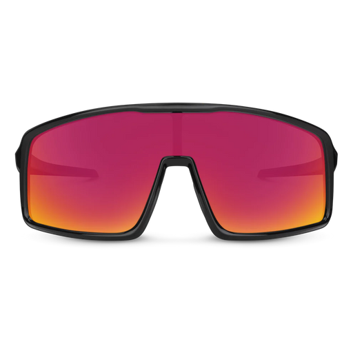 The front of a pair of black glasses with red lenses on a white background