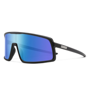 A pair of black glasses with blue lenses on a white background
