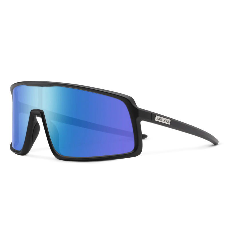 A pair of black glasses with blue lenses on a white background