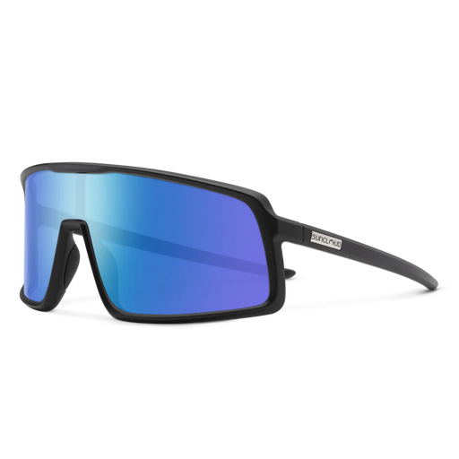 A pair of black glasses with blue lenses on a white background