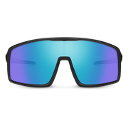 The front of a pair of black glasses with blue lenses on a white background