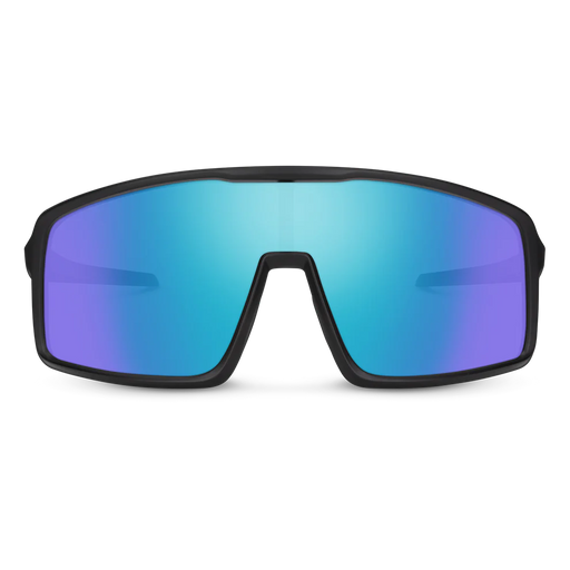 The front of a pair of black glasses with blue lenses on a white background
