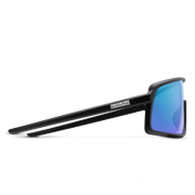 The side of a pair of black glasses with blue lenses on a white background