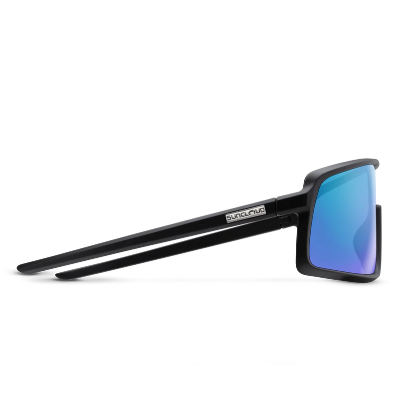 The side of a pair of black glasses with blue lenses on a white background
