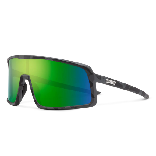 A pair of gray camo patterned glasses with green lenses on a white background
