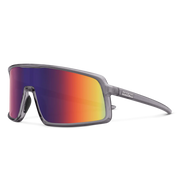 A pair of gray glasses with multicolored lenses on a white background