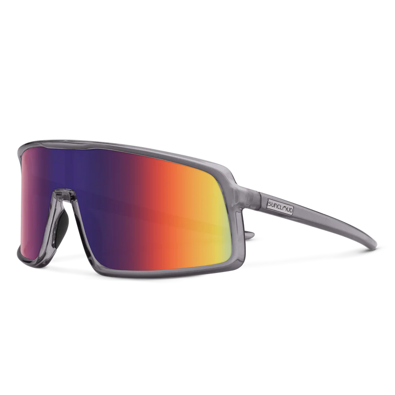 A pair of gray glasses with multicolored lenses on a white background