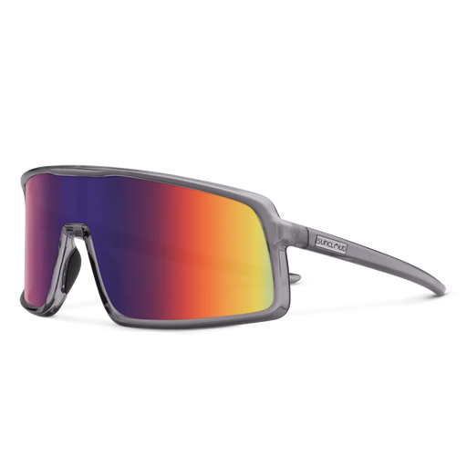 A pair of gray glasses with multicolored lenses on a white background