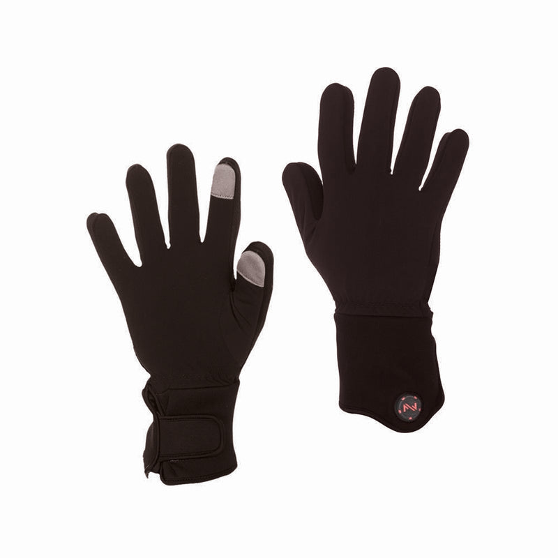 Black gloves with grey touch tips on a white background.