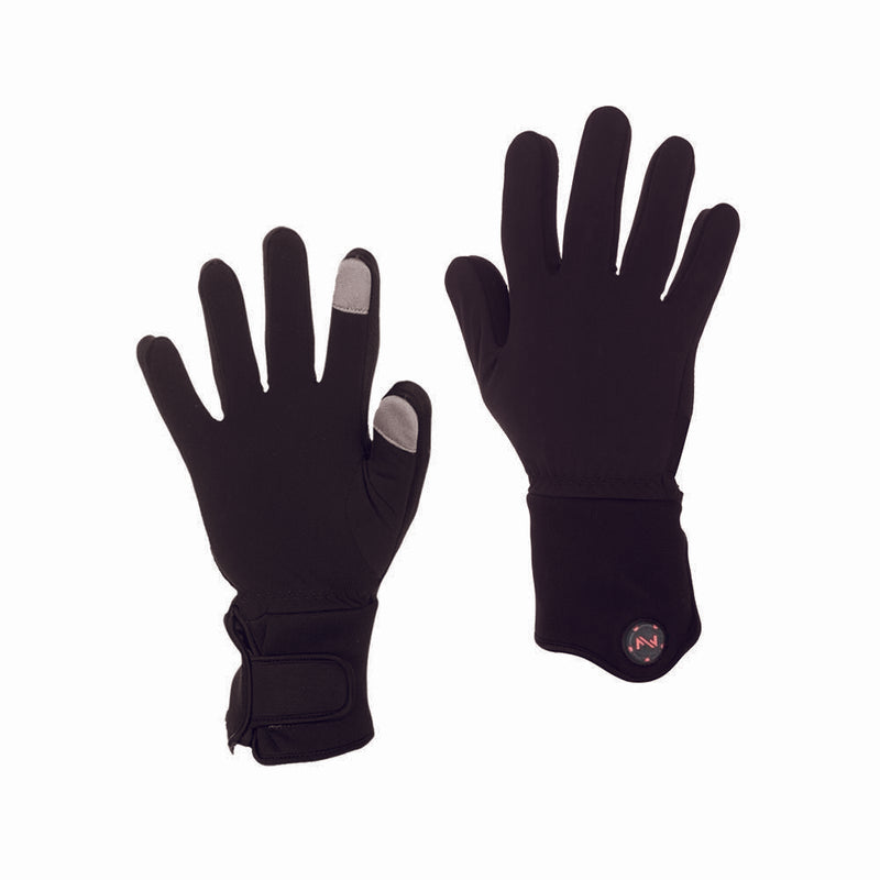 Pair of black gloves with two white fingertips on the left glove against a white background. 