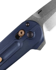 Close-up of a folding knife with a blue handle and gray blade on a white background