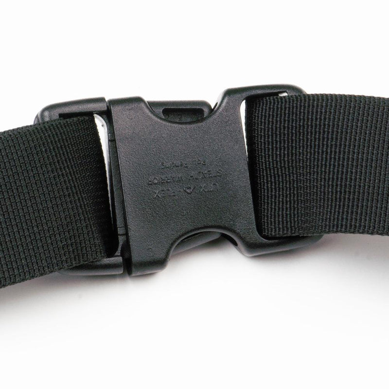 Black belt with a plastic buckle on a white background
