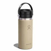 Beige Hydro Flask coffee bottle with black lid on a white background