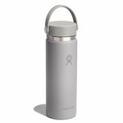 A gray Hydro Flask insulated water bottle with a matching gray lid and carry loop, featuring a silver stainless steel band and the Hydro Flask logo on a clean white background.