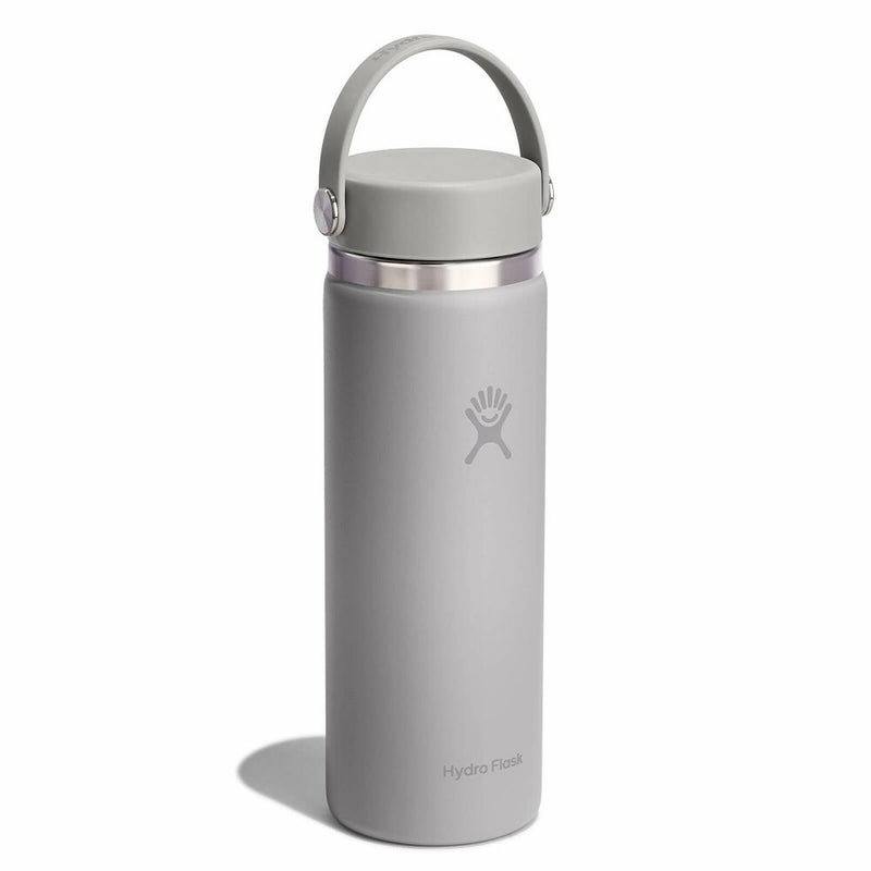 A gray Hydro Flask insulated water bottle with a matching gray lid and carry loop, featuring a silver stainless steel band and the Hydro Flask logo on a clean white background.
